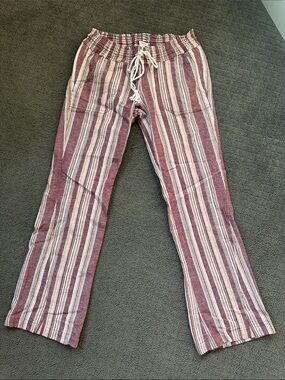 Striped Drawstring Linen-Blend Pants - Burgundy